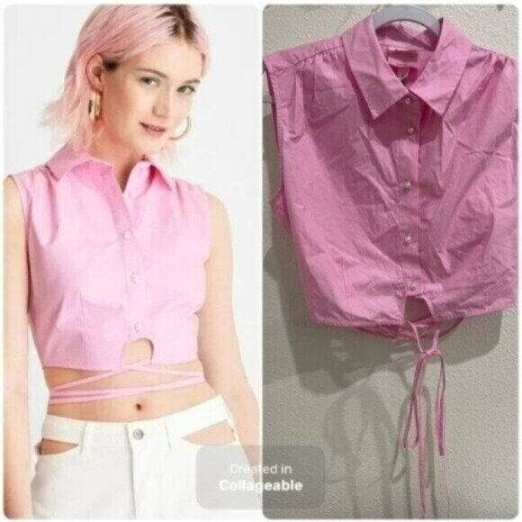 Future Collective Tops - New Future Collective Lace Up Pink Top Coquette Button Grunge Cut Out Top